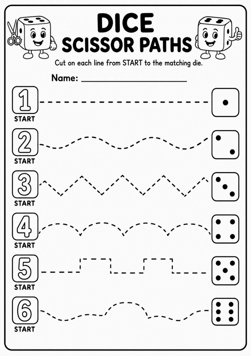 Dice Scissor Paths Cutting Worksheet