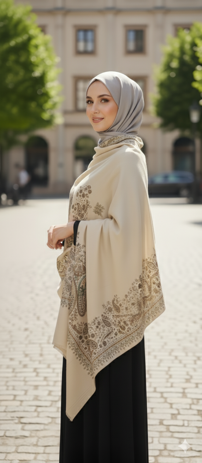 Pashmina Style Shawl in Ivory | Traditional Kashmiri/Ethnic Print Scarf