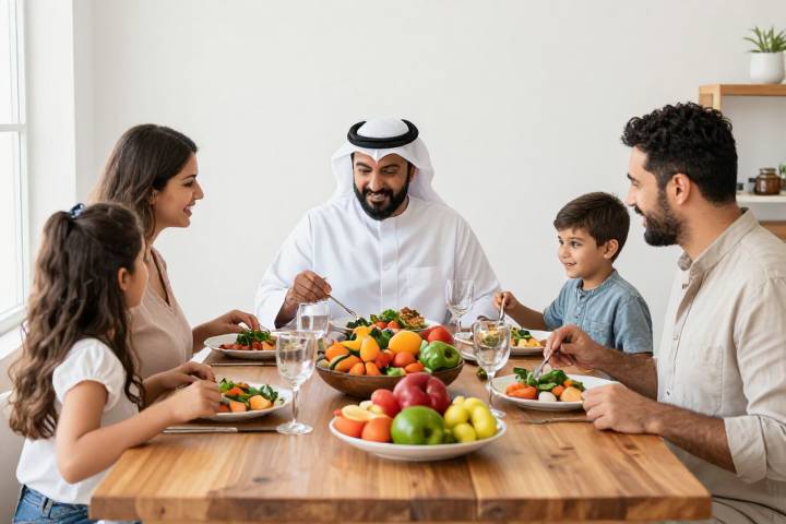 عائلة عربية مستقرة تتناول وجبة صحية متوازنة في أجواء دافئة ومشرقة