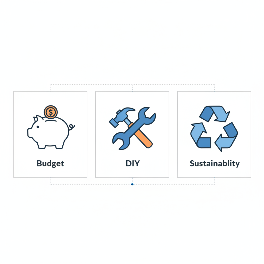 Minimalistische 2D-Vektor-Infografik zu nikolausgeschenke: drei Icons für Budget, DIY und Nachhaltigkeit auf hellem Hintergrund.