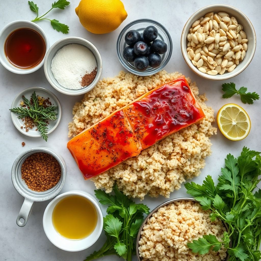 Ingredients for Blueberry Glazed Salmon with Lemon Herb Couscous Dinner Recipe (Easy Weeknight)