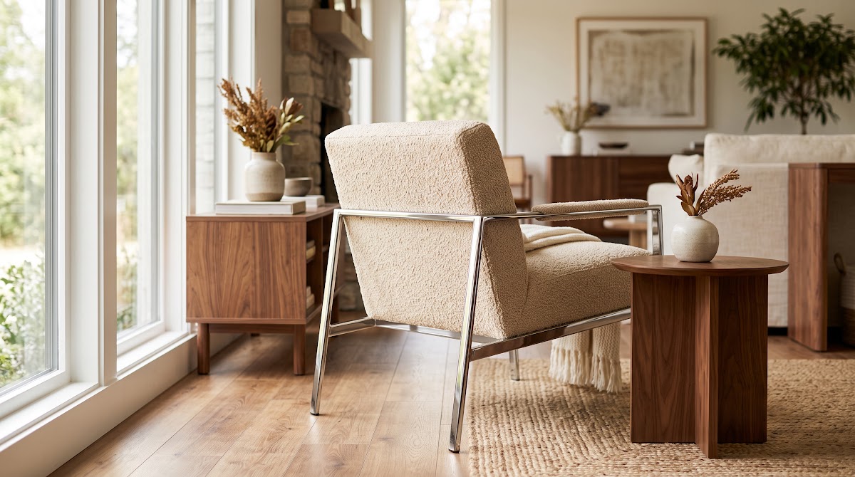How to Soften Chrome Accent Chairs With Warm Textiles - sculptural chrome lamp with warm wood bookshelf and chair