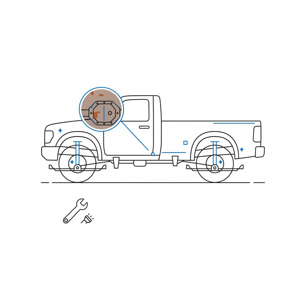 Minimalist vector illustration of a pickup truck frame inspection with tools and a magnified rust detail highlighting corrosion prone areas in CarFax blue and black toyota tundra used for sale