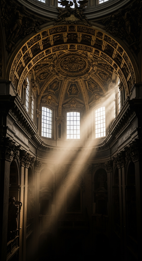 Dramatic Light Rays in a Dark Ornate Baroque Church Interior with Gold Ceiling