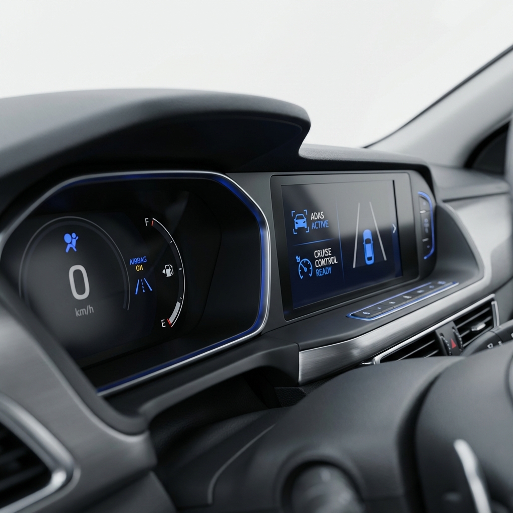Close up studio photo of car dashboard showing airbag indicator and ADAS status lights clear readable icons minimalist design for 2nd hand cars near me