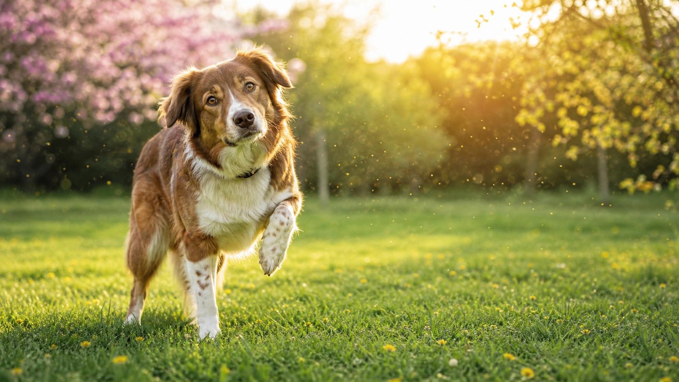 Dog on spring grass with pollen — seasonal allergy paw irritation
