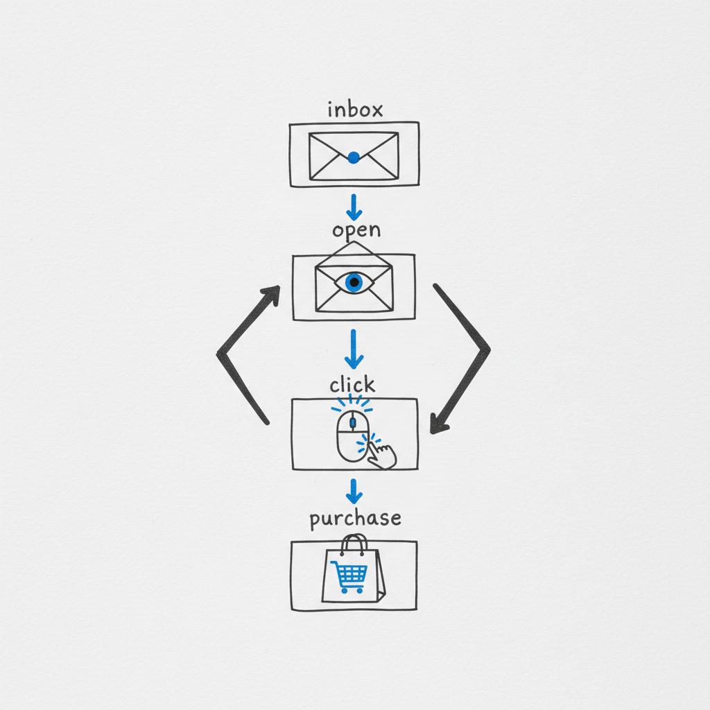 Close-up notebook sketch of an email funnel with envelope, open, click and purchase icons in Agency Visible brand tones &mdash; how much is 1000 emails worth