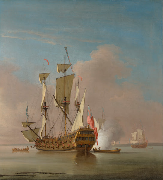 A Royal Navy 46 gun Man o war firing a salute in a calm sea