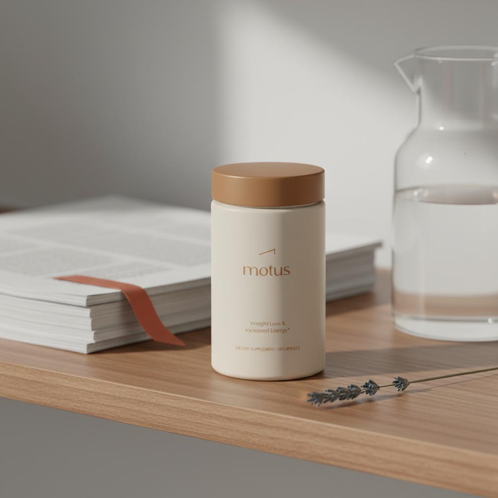 Minimalist close photo of Tonum Nouro container on a neutral wooden shelf with water carafe, rosemary sprig and blurred scientific papers — best supplement to increase serotonin