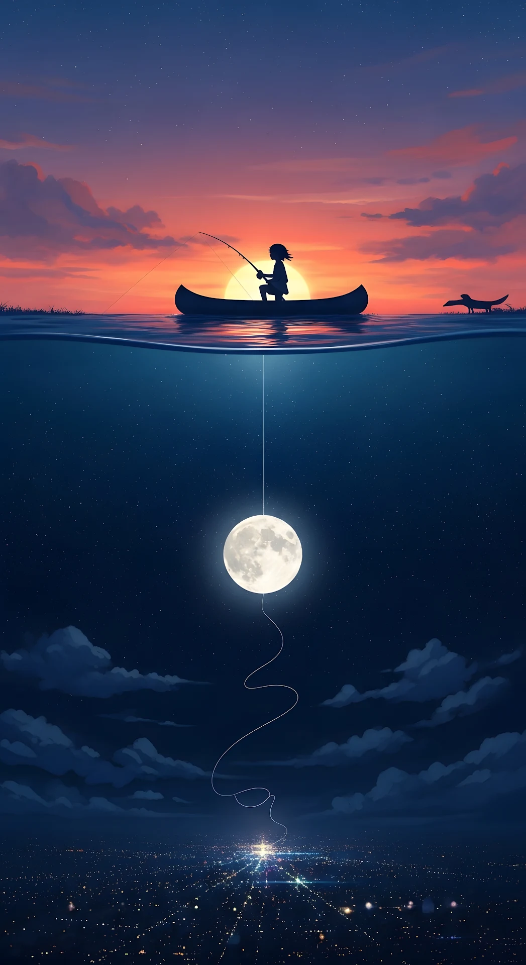 Surreal Fishing the Moon Above a Hidden City - Free 4K mobile Wallpaper