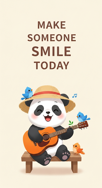 Cute Cartoon Panda Playing Guitar with Motivational Smile Quote - Free mobile Wallpaper