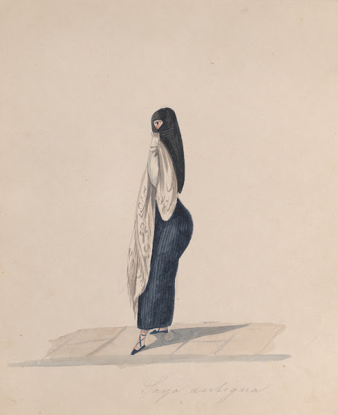 A woman wearing the saya standing in profile ca 1848