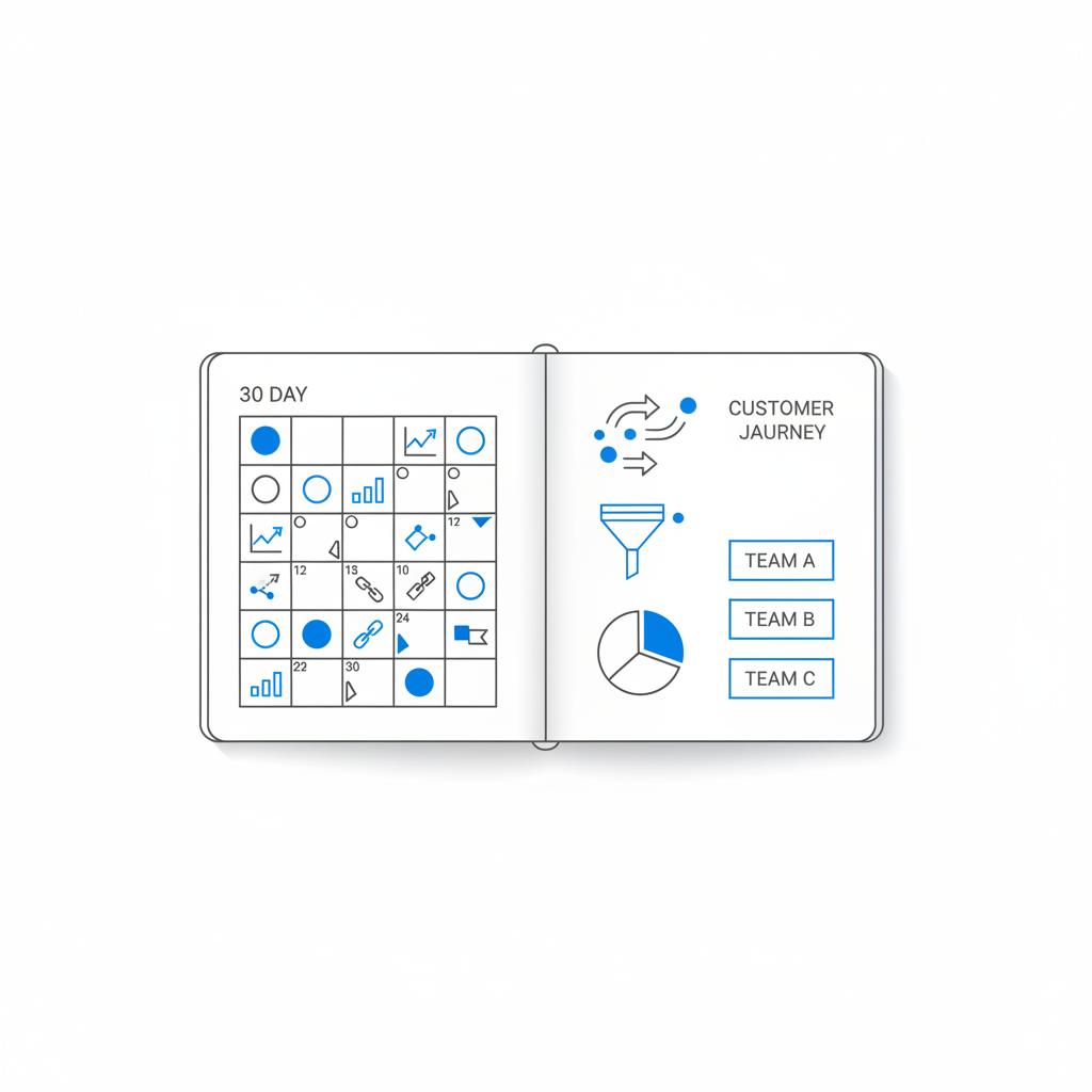Minimal 2D vector overhead desk with open 30-day sticker calendar, analytics and UTM link icons on a clean white background in Agency Visible colors &mdash; Nextdoor free advertising