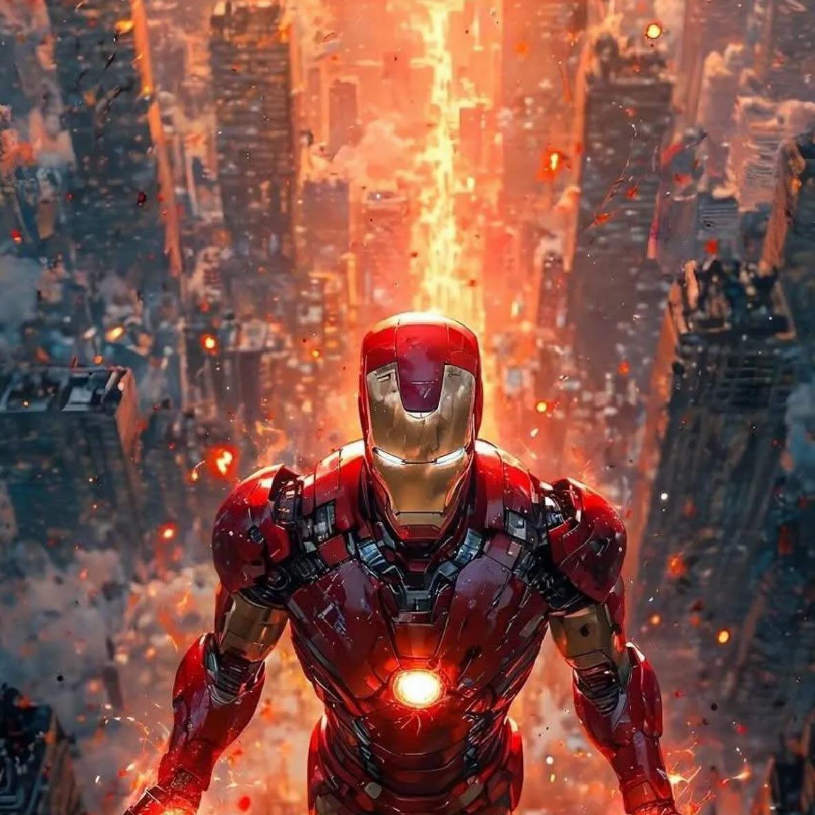 Download Iron Man Flying Over Burning City Full HD iPhone