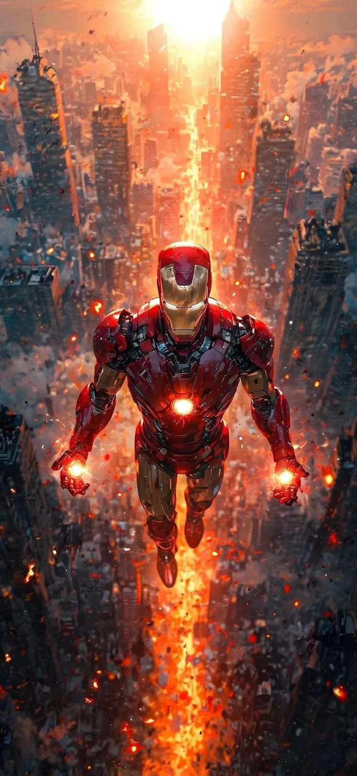 Iron Man Flying Over Burning City - Digital Art Full HD iPhone Wallpaper (1179x2556)