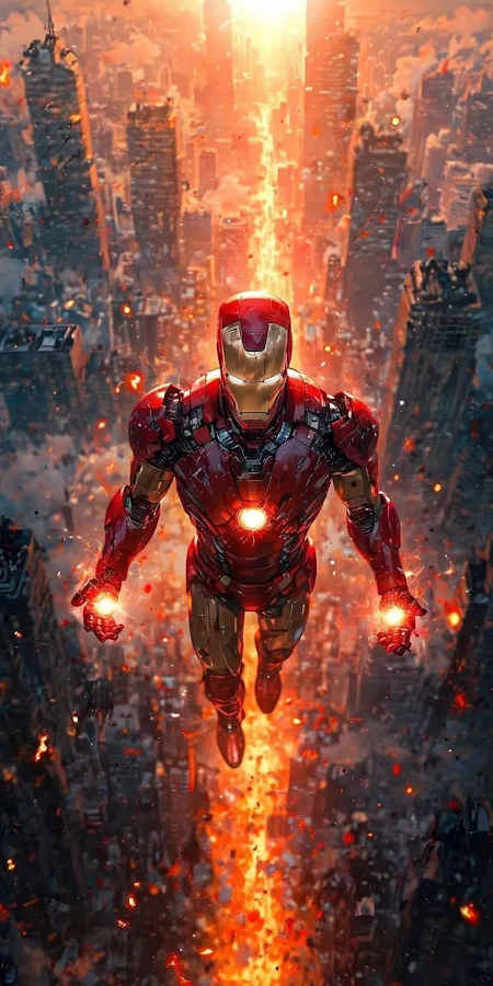 Iron Man Flying Over Burning City Full HD iPhone Phone Wallpaper