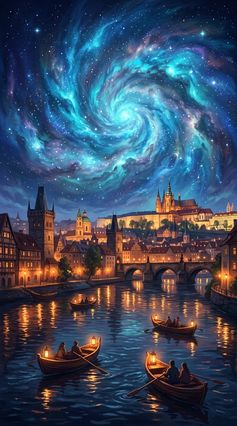 Night City by the River with a Swirling Blue Nebula Sky - Free 4K mobile Wallpaper