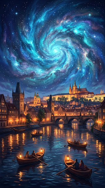 Night City by the River with a Swirling Blue Nebula Sky - Free mobile Wallpaper
