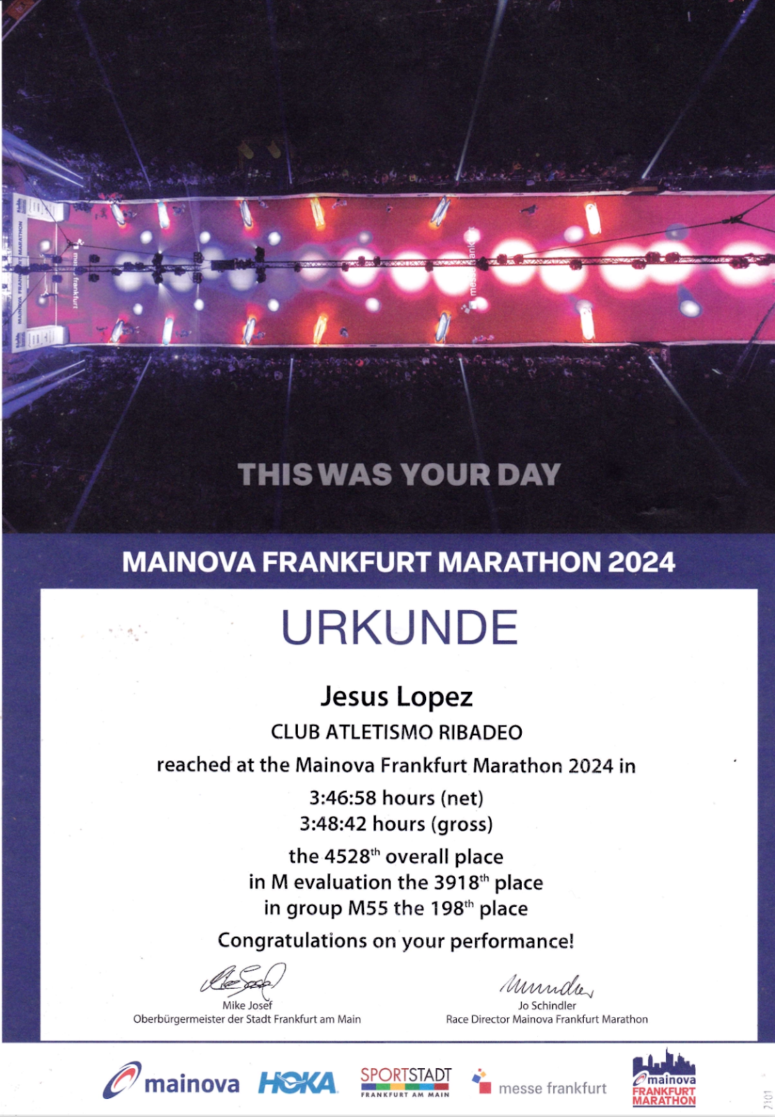 Certificado oficial del Mainova Frankfurt Marathon 2024