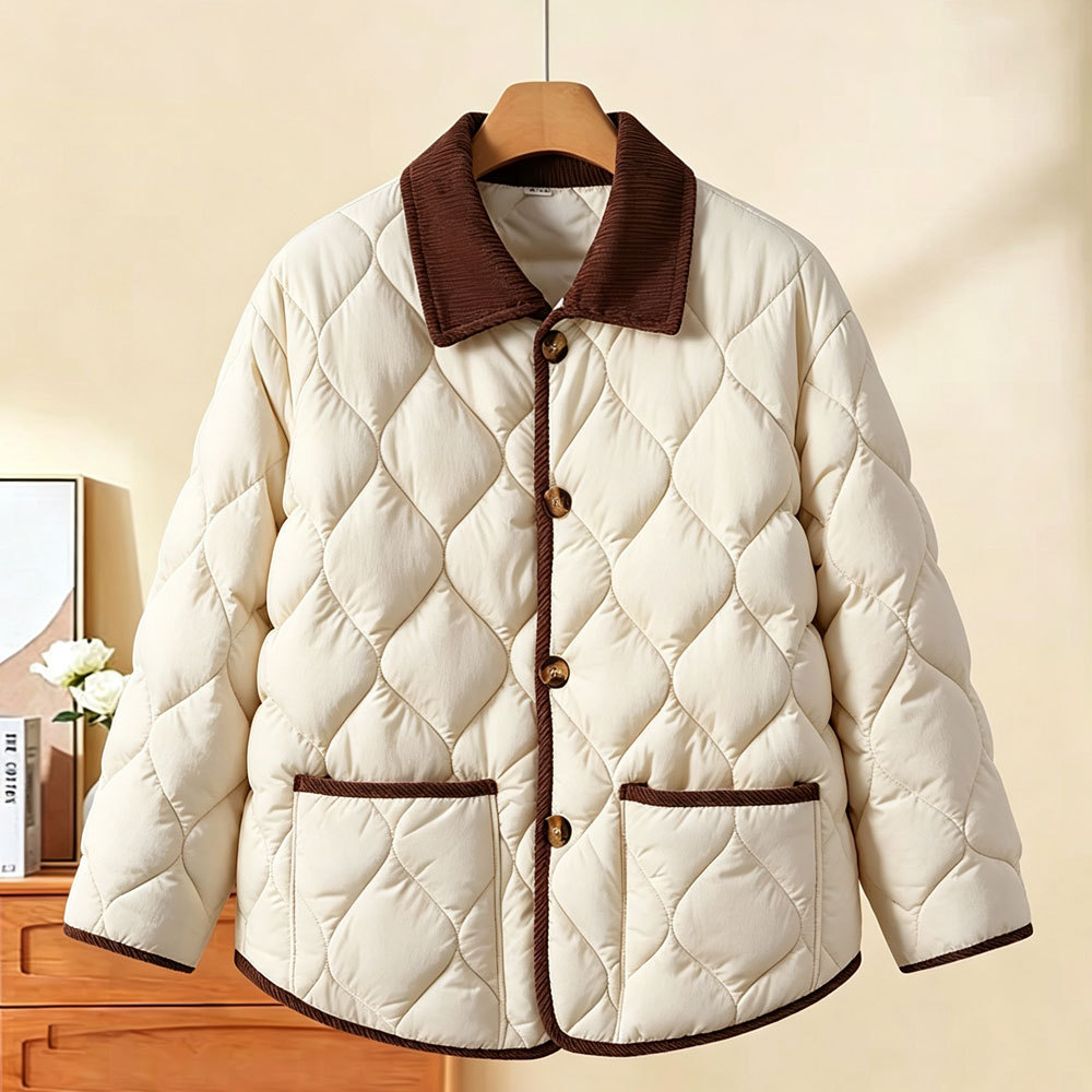 Women's lightweight, tailored puffer jacket with V-neck