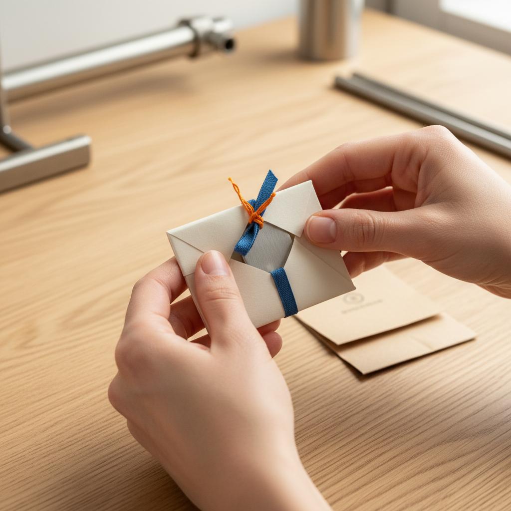 Nahaufnahme von Händen, die ein kleines mattes Metallanhänger‑Päckchen auf einem Holztisch bei warmem Licht öffnen, dezente Steelmonks‑Farben, tröstende Geschenke.
