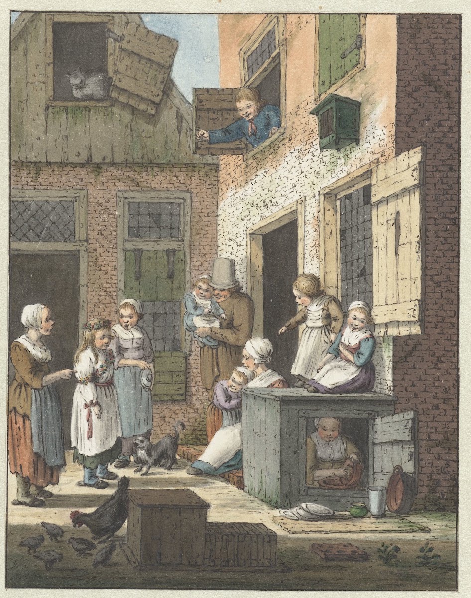 Groep mensen voor de deur van een woning 1758   1808
