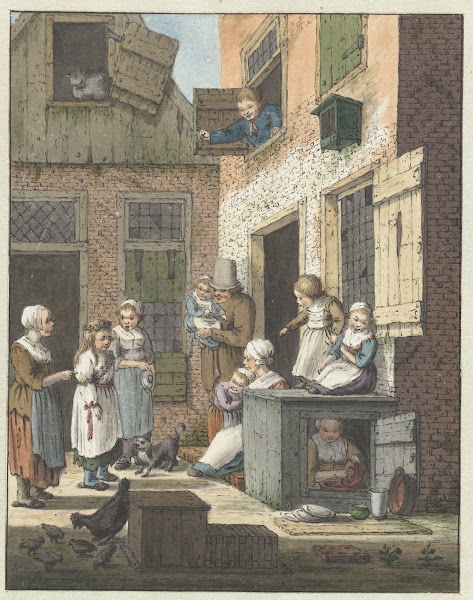 Groep mensen voor de deur van een woning 1758   1808