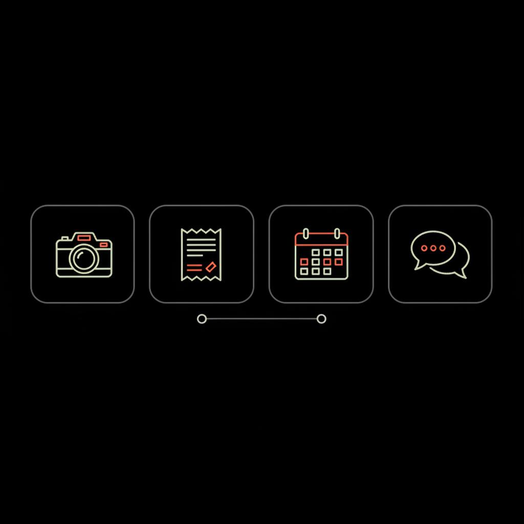 Minimal 2D vector checklist infographic for appealing google reviews removed, showing four icons — screenshot camera, receipt, calendar timeline, and support chat — on black background.