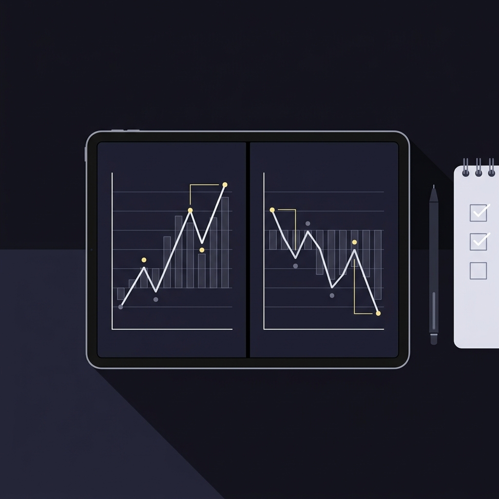 Minimalist 2D vector tablet showing side by side net rating charts with accent highlights and a notepad with graphical checkboxes on a dark Funded Plays palette celtics heat predictions