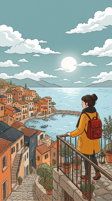 Charming Hand Drawn Illustration of Traveler Overlooking Coastal Town - Free mobile Wallpaper
