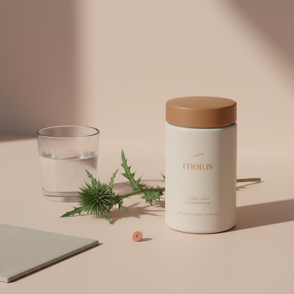 Tonum supplement bottle on beige background beside a glass of water and milk thistle sprig, minimalist product shot for liver detox vs liver cleanse