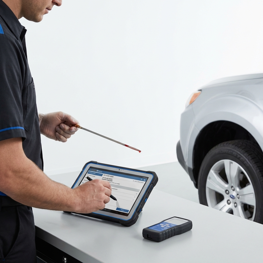 Technician checking CVT fluid and recording service details on a tablet next to a Subaru Forester indicating subaru forester for sale