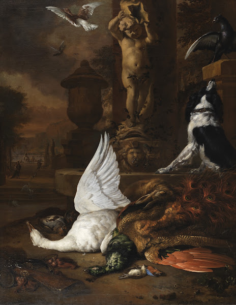Still life with dead swan a peacock and a dog by a garden fountain 1684
