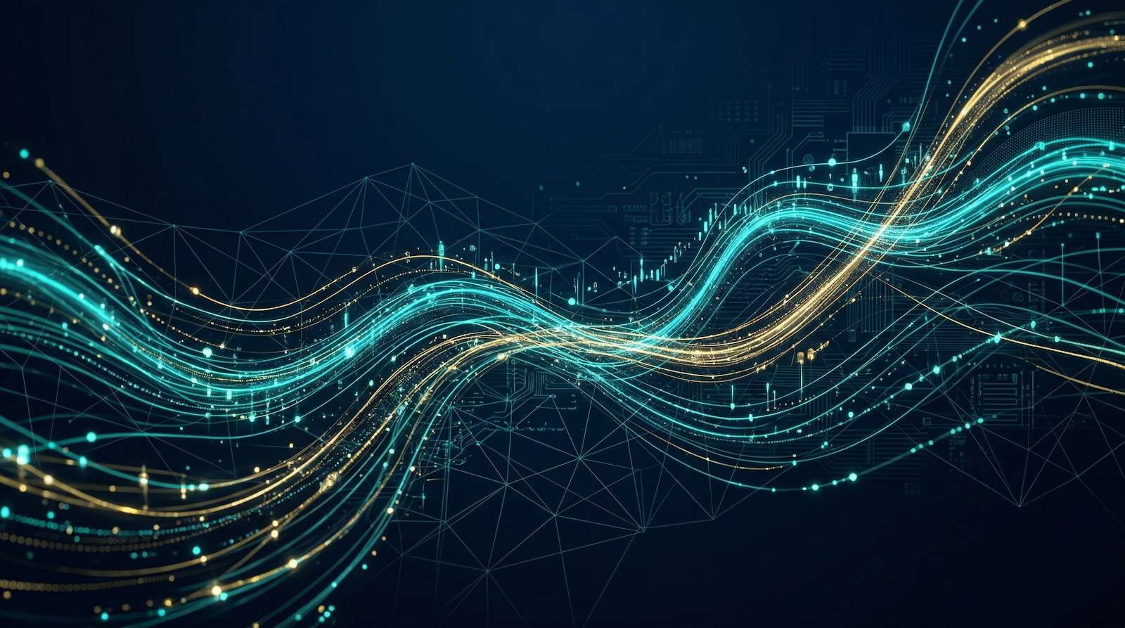 Abstract data visualization with flowing teal and gold streams
