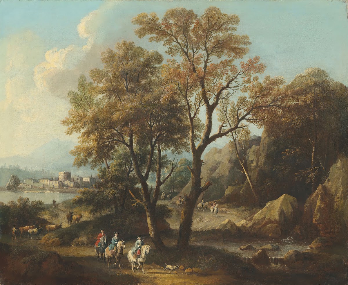 A river landscape with travellers on a path