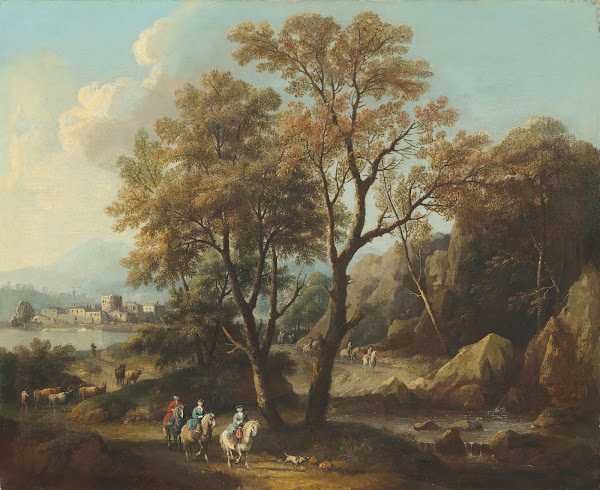 A river landscape with travellers on a path