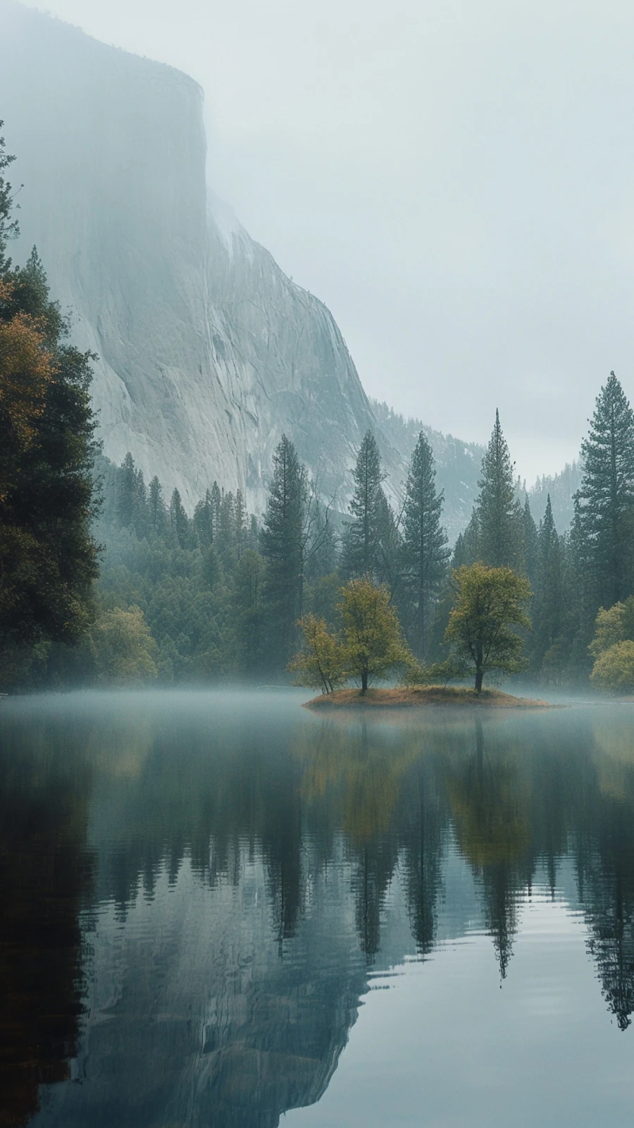 Misty Yosemite Valley Lake - Nature Photography 2K iPhone Wallpaper (1440x2560)