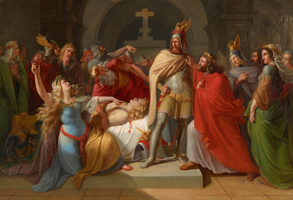 Kriemhild an der Leiche Siegfrieds erklärt Hagen als dessen Mörder und schwört R