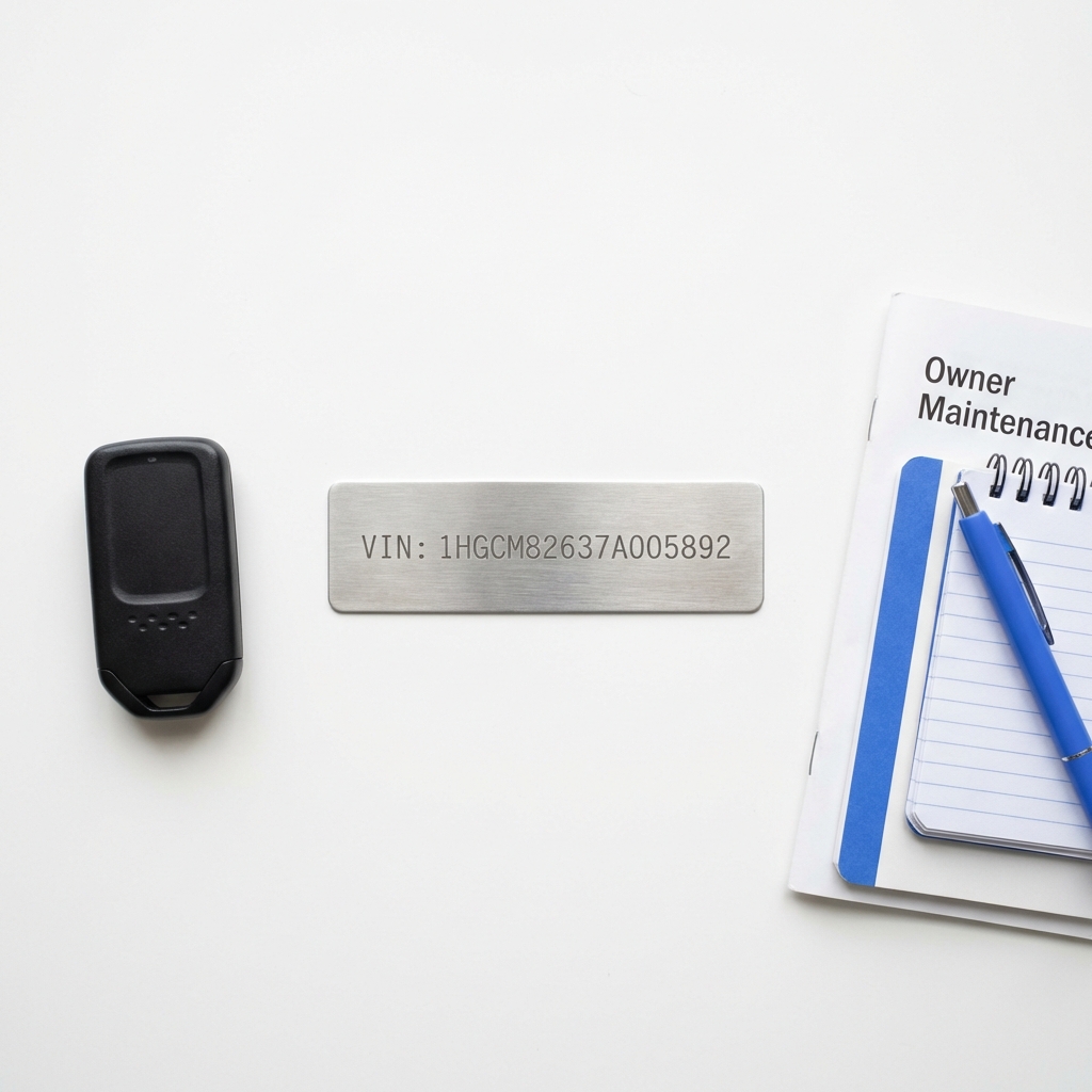 Close up of car key fob metal VIN plate and owner maintenance folder on white surface with CarFax Deals blue pen accent used car value estimator