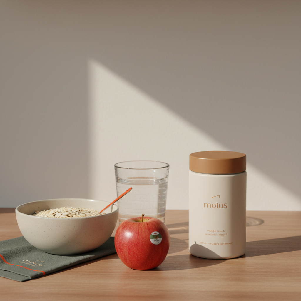 Will probiotics flatten your stomach? Tonum Motus supplement beside a bowl of oats and one fruit on a minimalist kitchen counter in soft morning light.