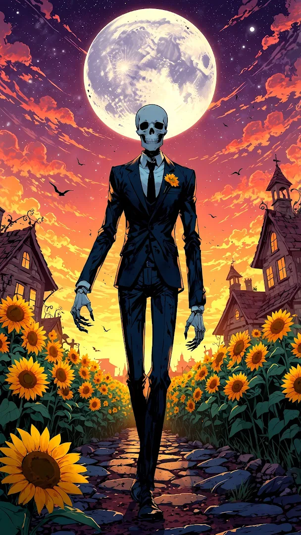 Skeleton Man in Suit Walking Through Sunflower Field