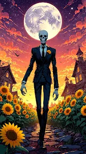 Skeleton Man in Suit Walking Through Sunflower Field