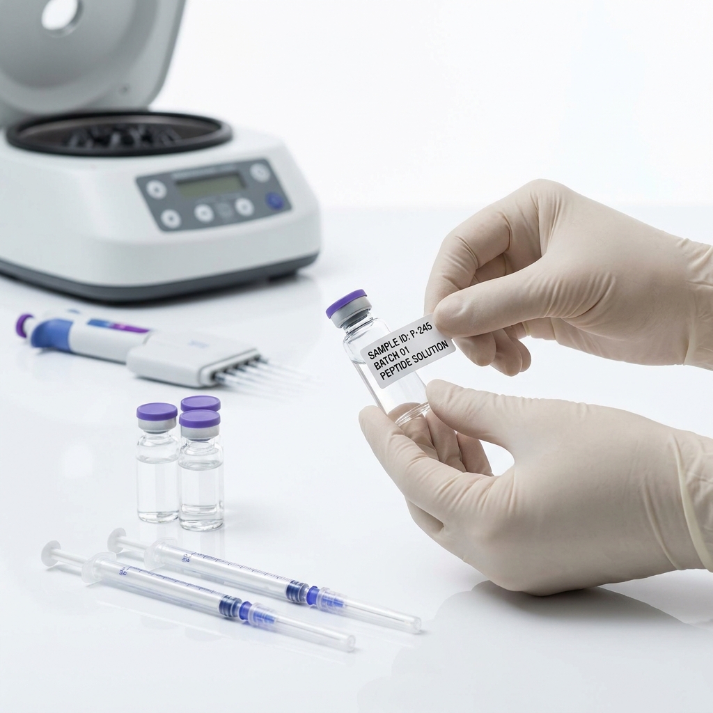 Clean laboratory bench with syringes vials and a focused sample vial showing clear bpc 157 peptide labeling in Peptide World style white background blue accents