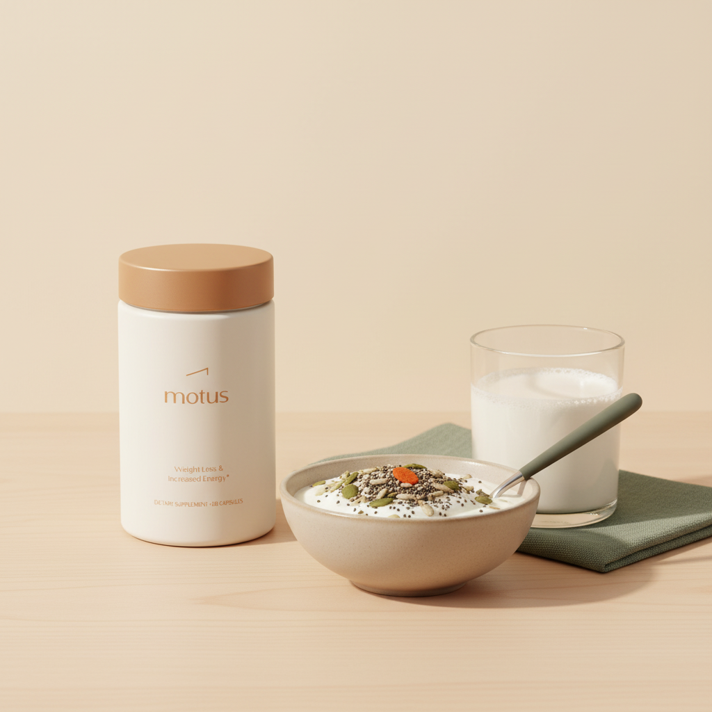 Tonum Motus jar beside a bowl of Greek yogurt with seeds and a glass of milk on a light wooden table, showcasing a 30g protein breakfast option for weight loss.