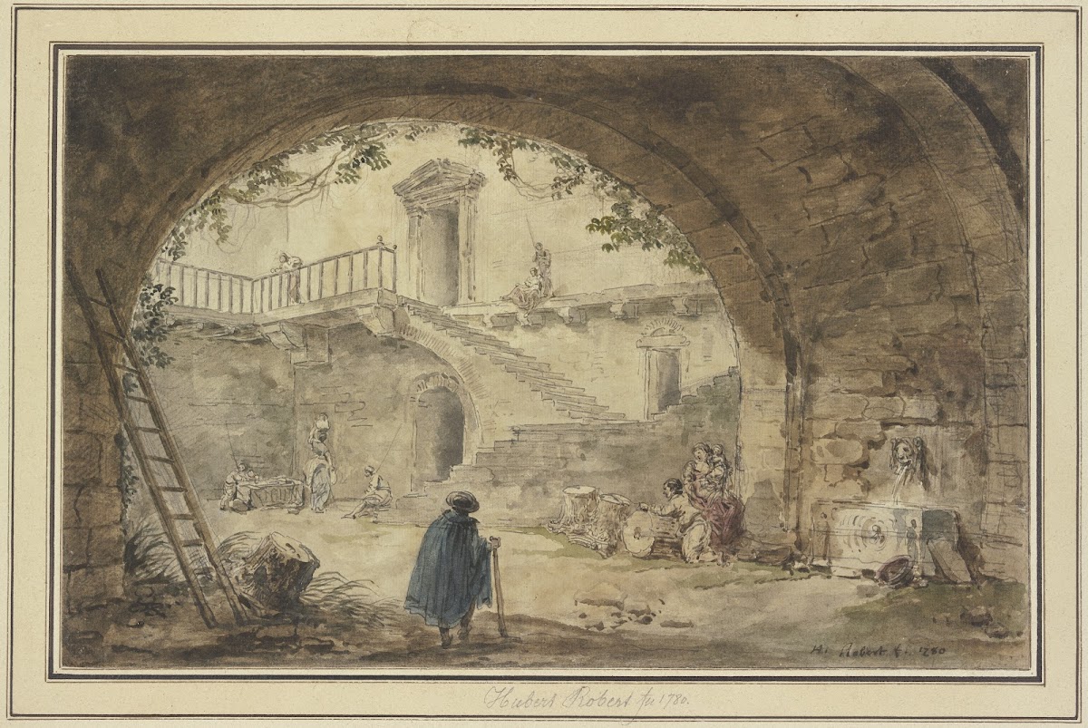 Gewölbe mit antikem Brunnen und Aussicht auf eine Treppe 1780