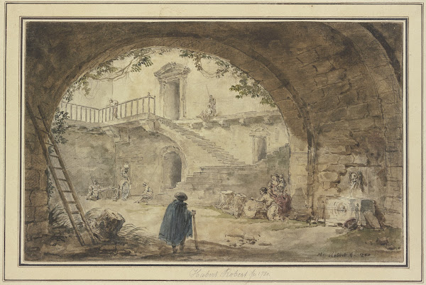 Gewölbe mit antikem Brunnen und Aussicht auf eine Treppe 1780