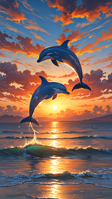 Vibrant Anime Dolphins Leaping Over Ocean at Sunset
