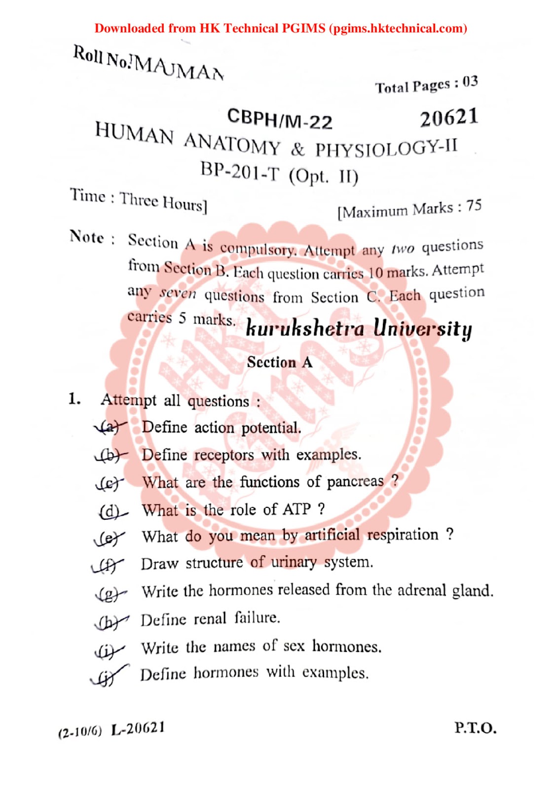 HAP 2 from Kurukshetra University  2nd Semester B.Pharmacy Previous Year's Question Paper,BP201T Human Anatomy and Physiology II,