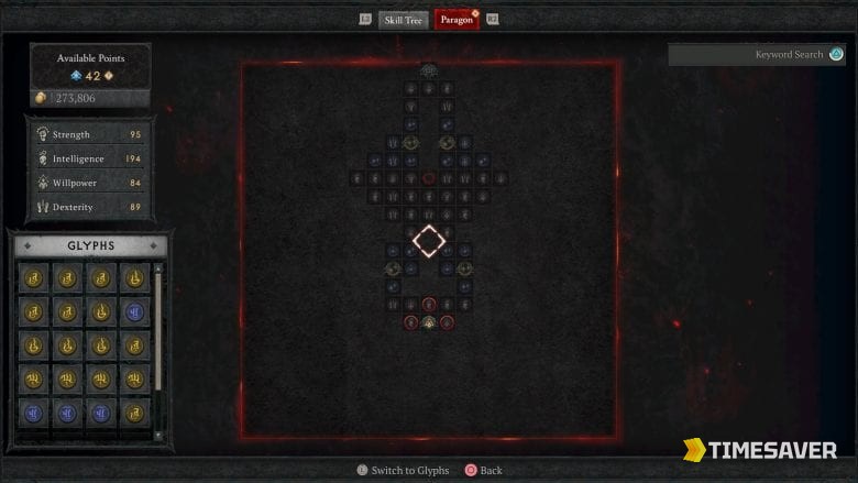 Diablo 4 Paragon board screen showing available Paragon points, glyphs, and board nodes
