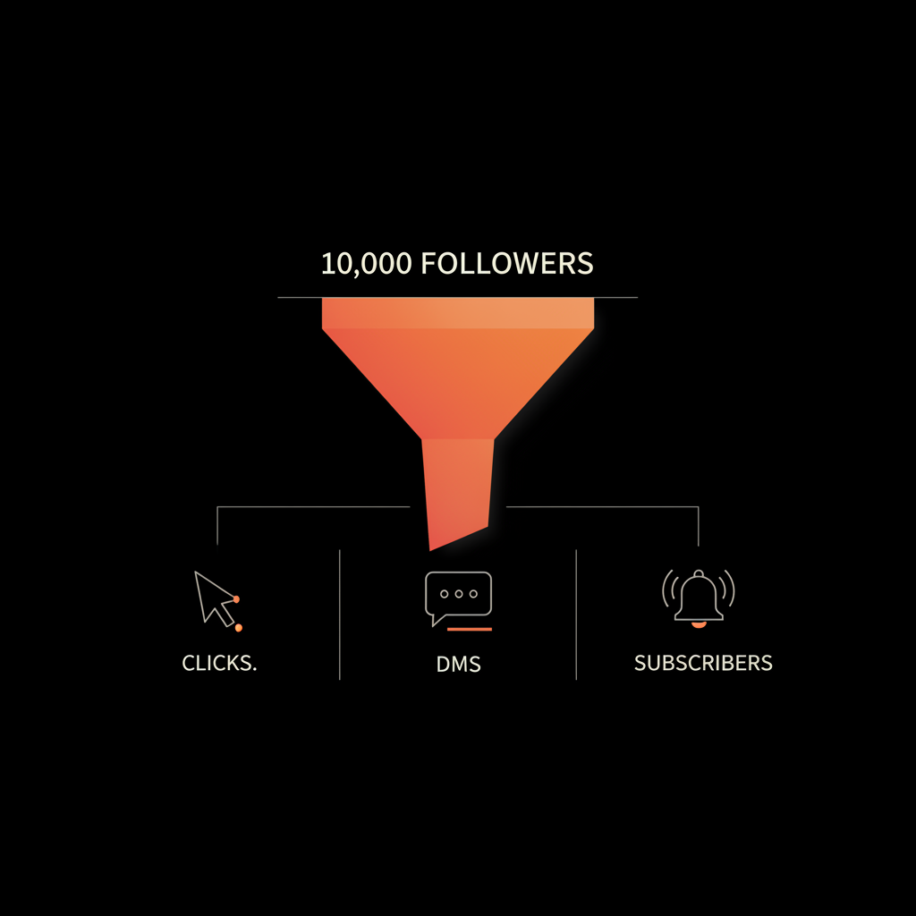 Minimal vector funnel infographic on black background showing 10,000 followers converting to clicks, DMs, and subscribers — How much does Twitter pay for 10,000 followers?